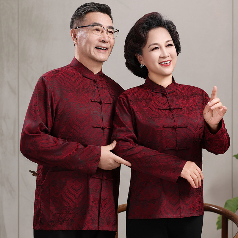 唐装男中老年短袖套装爷爷夏装丝绸缎中式爷爷衬衫老人衣服中国风