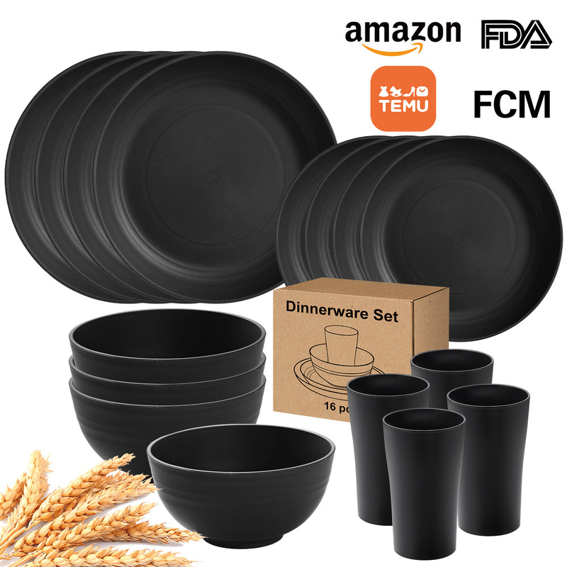 Cross-Border Popular Thickeneded Wheat Bowls, Plates and Cups 16-Piece Tableware Set High-End Household Bowls, Plates and Cups Creative Set