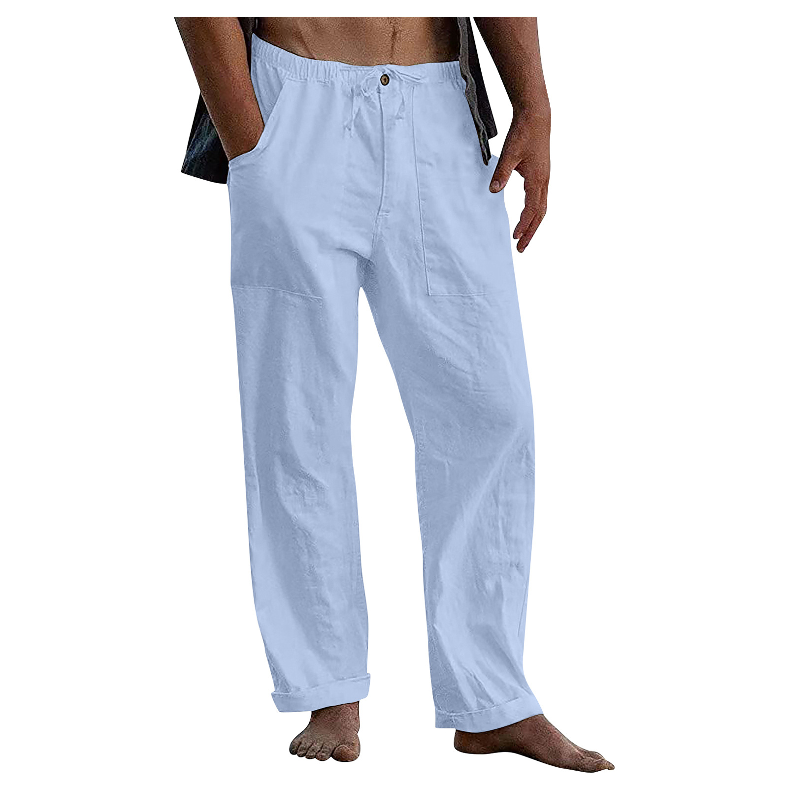 Pantalon en lin pour hommes, Yoga, plage, décontracté, taille élastique, cordon de serrage, poche de ceinture ample, été, 2024_voghion.com