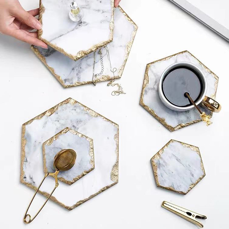 Nórdico ins estilo bandeja de mármol natural lujo oro borde placemat Coaster aislamiento vajilla suave accesorios Decoración