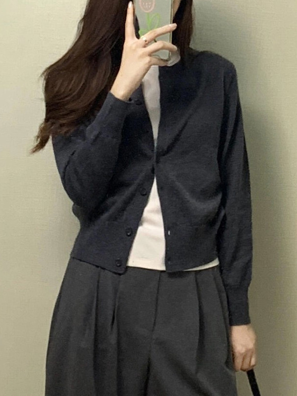 灰色系扣针织开衫女25年秋韩系复古小个子设计感气质减龄毛衣外套|undefined
