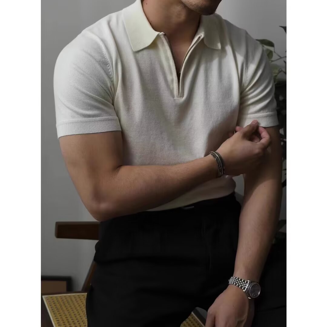 Venta directa de fábrica de camisetas de punto de seda de hielo para hombre, polos de manga corta de lujo de alta gama para hombre con media cremallera