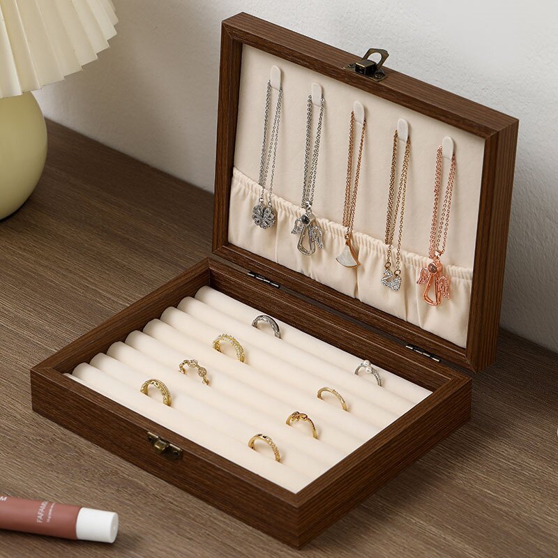 Caja de joyería de nuez caja de almacenamiento pendientes anillo collar brazalete joyería multifuncional polvo al por mayor