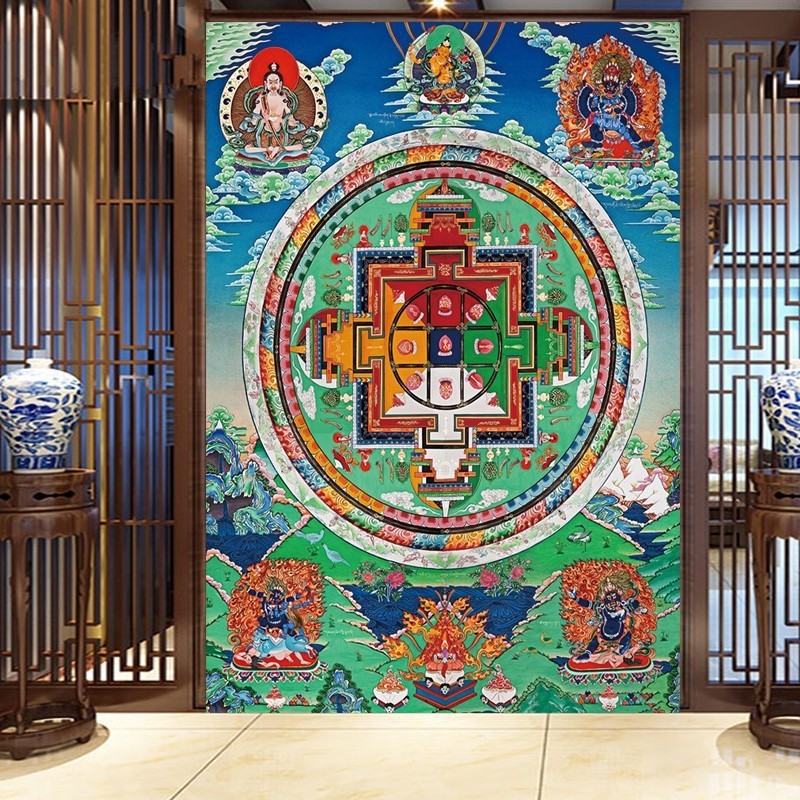 藏式唐卡3d大德威坛城壁纸坛城西藏佛像壁画民族风吊顶背景墙纸