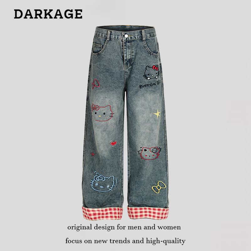 American Cute Hello Kitty Embroidered Plaid Splicing Curled Jeans 2025 Women's Loose Straight Floor-Length Pants