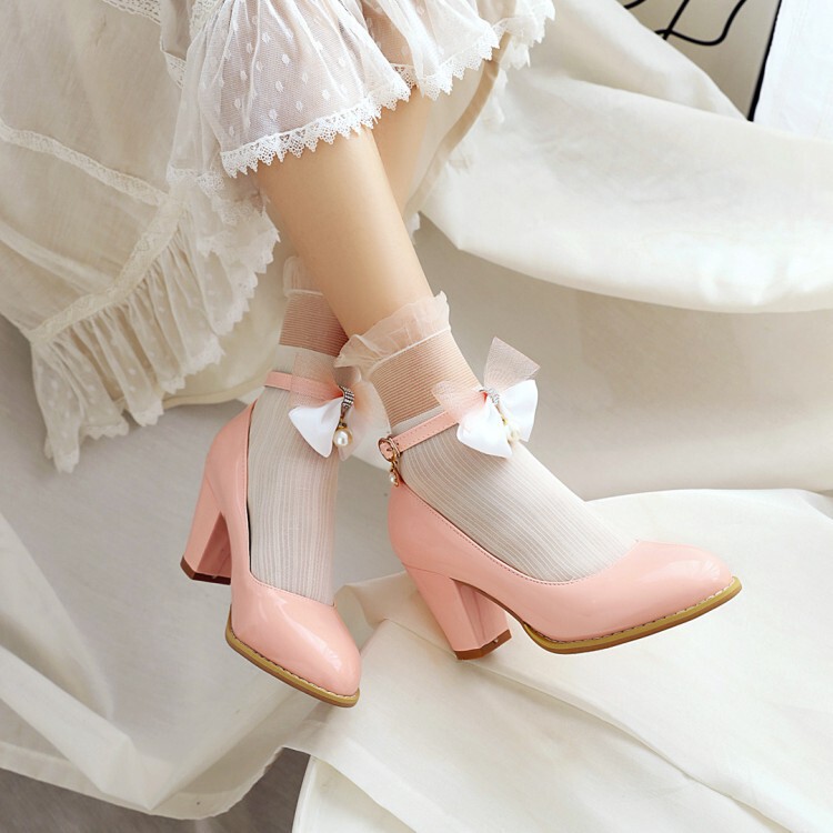 New Fashion Women's Shoes Lolita Patent Leather Shallow Chic Heel Cute Sweet Bow X25020019