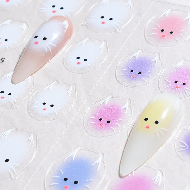 Nuevas pegatinas de uñas de gato de felpa de celebridades de Internet difuminado pequeño gato blanco patrón lindo color calcomanías de uñas suaves y lindas