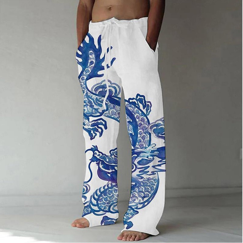 Dragon Year Chinese Dragon Print Men's Straight-Leg Beach Pants Summer and Autumn Fashion Wide-Leg Pants Amazon Pod Customization