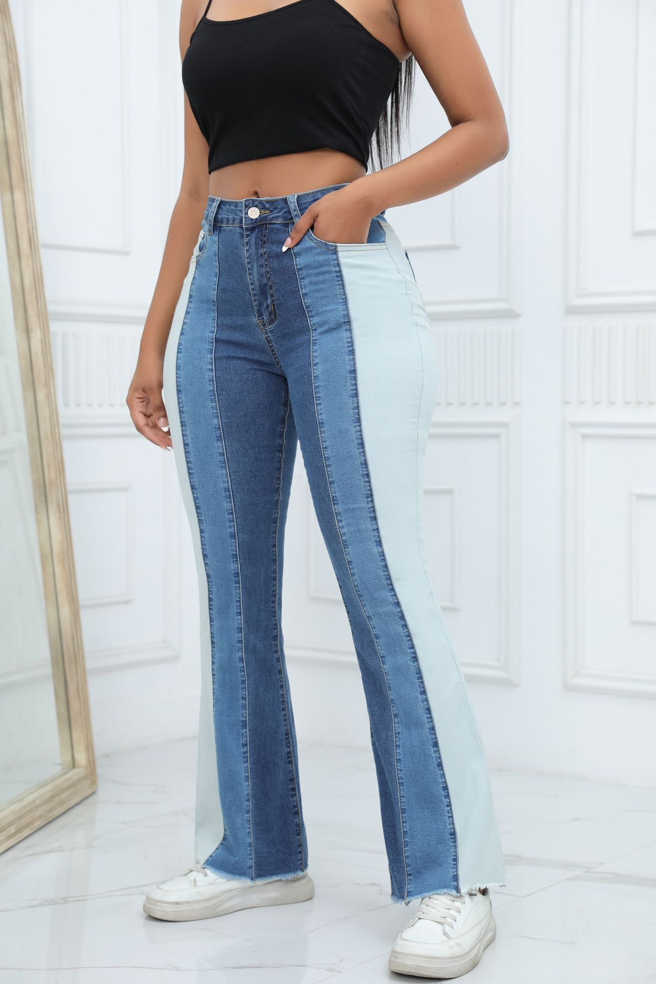 Femmes Du Quotidien Décontractée Vêtement De Rue Bloc De Couleur Toute La Longueur Reliure Contrastée Pantalon Évasé Jeans display picture 4