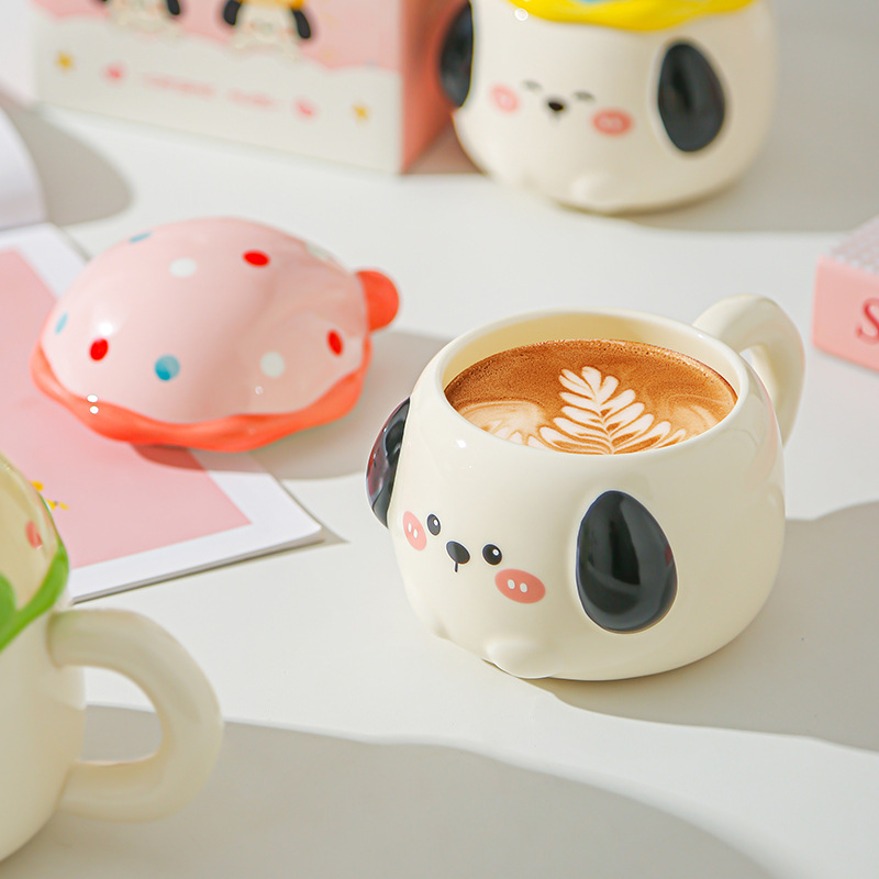 Caricatura perrito lindo taza con tapa de oficina taza de agua para pareja de chicas taza de agua taza de regalo taza de café