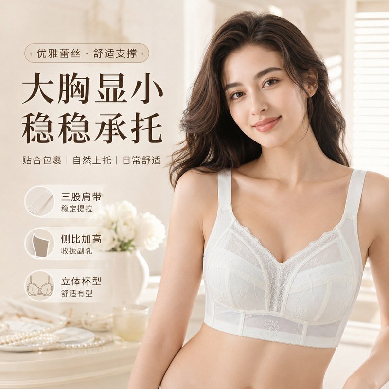 Women's Ultra-Thin Breathable Cotton Bra with Large Breasts Showing Small Breasts, Push-Up Inner Cup, Breast-Retracting Support, No Rims, Embroidered Bra