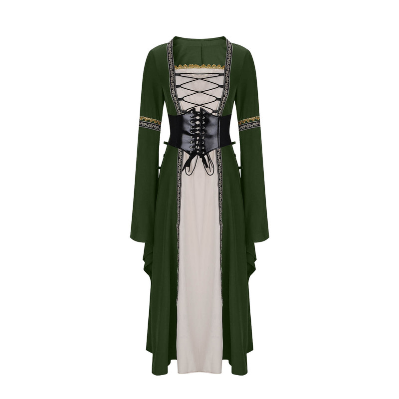 Foreign Trade Wish European and American Square Neck Long Sleeves Bell Sleeves Lace Long Dress Gothic Retro Women's Slimming Look Dress