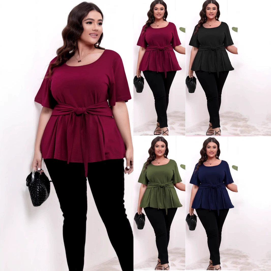 Трансграничная европейская и американская женская одежда большого размера простой короткий рукав с круглым вырезом пояс с тонким топом футболка