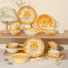 可爱奶油风釉下彩卡通陶瓷小熊盘碗餐具套装组合家用米饭汤碗鱼盘