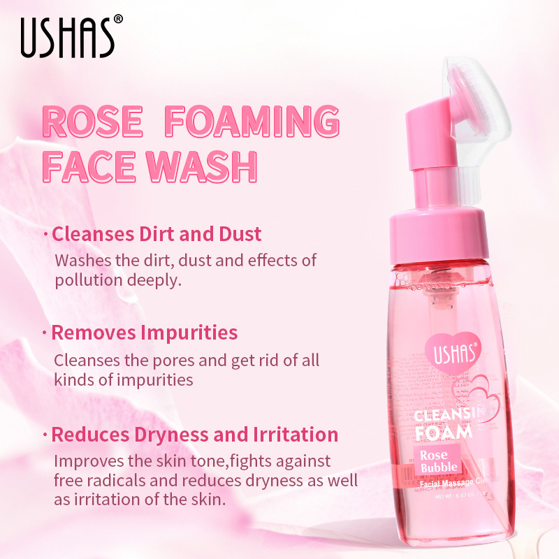 USHAS punto transfronterizo venta caliente rosa espuma limpiadora limpiador facial mousse limpieza profunda con cabezal de cepillo
