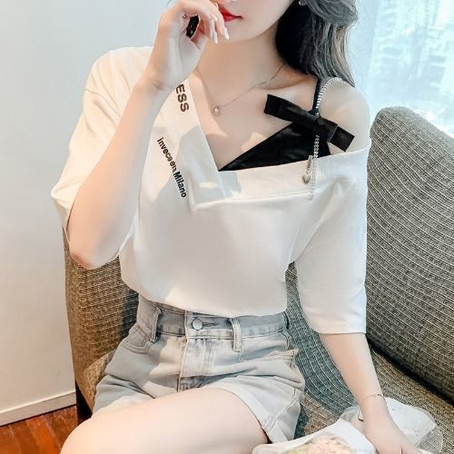 Women's Summer Short Sleeve T-Shirt with Elegant and Sensual V-Neck Shoulder-Strap Collage Design, Unique and Trendy, Indie Style