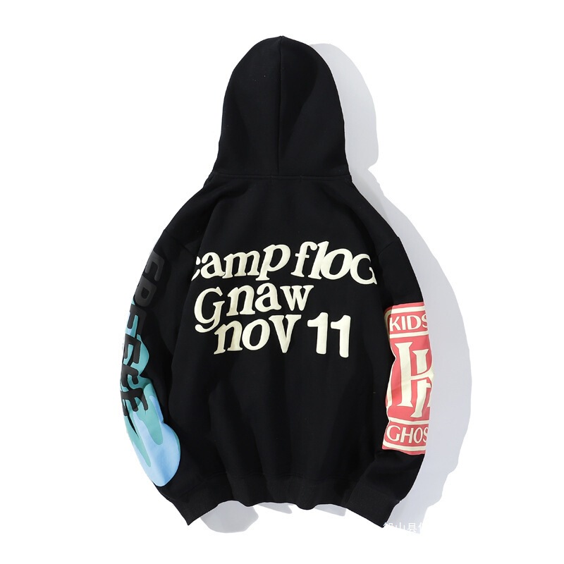 Kanye Kanye Men's and Women's Same Style Foamed Heart Letter Graffiti Print Fleece-Lined Sweatshirt Couple's Jacket Black