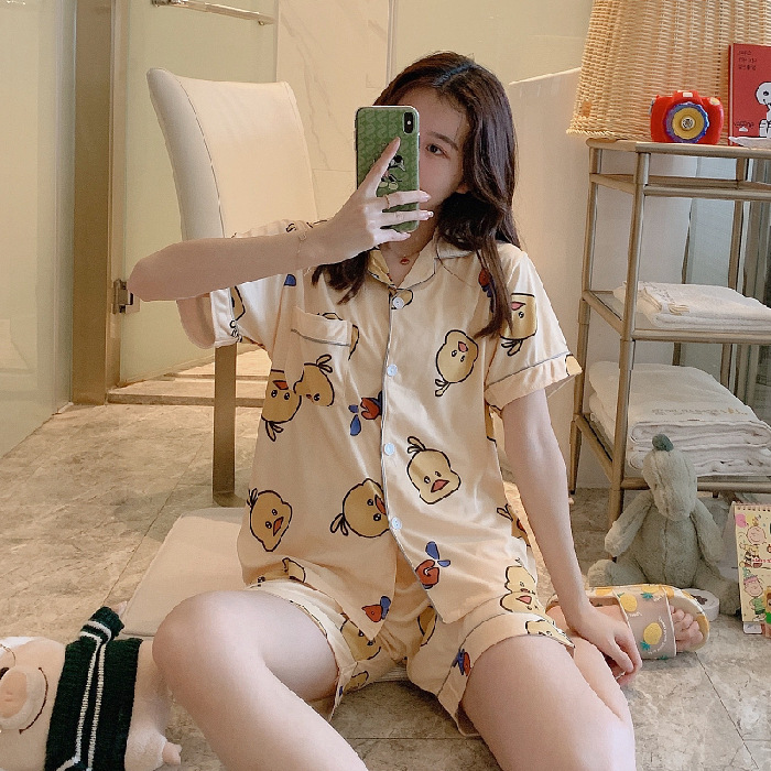 Pijamas de verano de las mujeres de manga corta linda chica Corazón de dibujos animados solapa desgaste del hogar WeChat transmisión en vivo en línea traje de entrega de una pieza