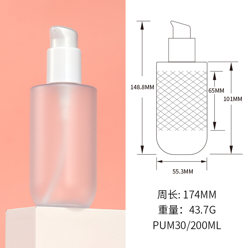 Plástico PET hombro plano fondo redondo botella de la cabeza de la bomba transparente/blanco/esmerilado 200ml loción acondicionador frasco