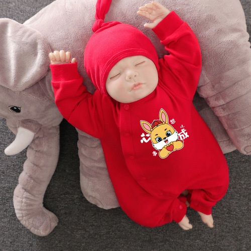 Newborn baby suit  spring long-sleeved baby full moon clothes red birthday one-piece crawling suit