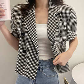 2023夏季新款韩版韩系格子翻领短款复古双排扣西服外套薄款开衫