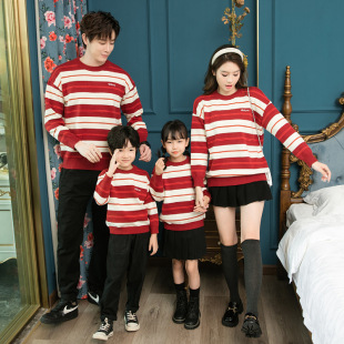 Autumn and Winter Parent-child Clothes Thickened Striped Red Sweater Knitwear Mother-child Mother-daughter Family Clothes of Three and Four