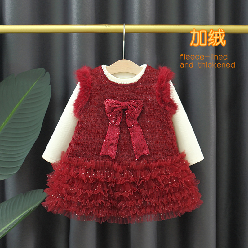 冬季加绒女童连衣裙小香风蝴蝶结网纱公主裙宝宝生日礼服裙子批发