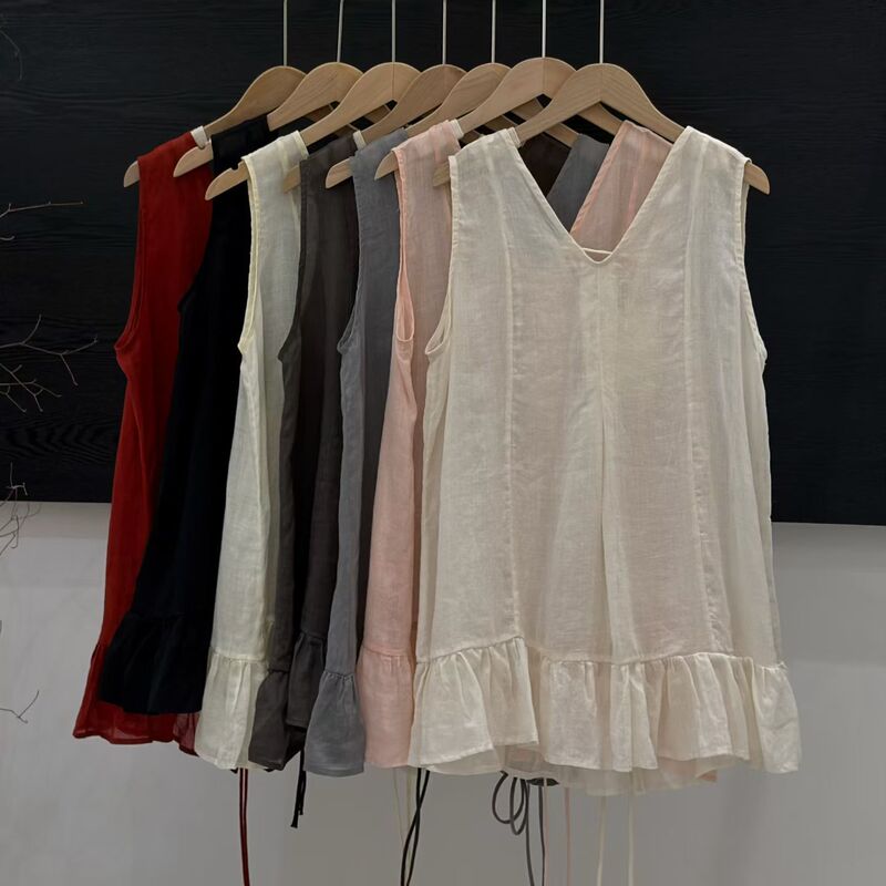Casual Versatile V-Neck Tie-Up Ruffled Sleeveless Vest for Women, New Summer Style, Elegant and Comfortable Mid-Length Top for Work