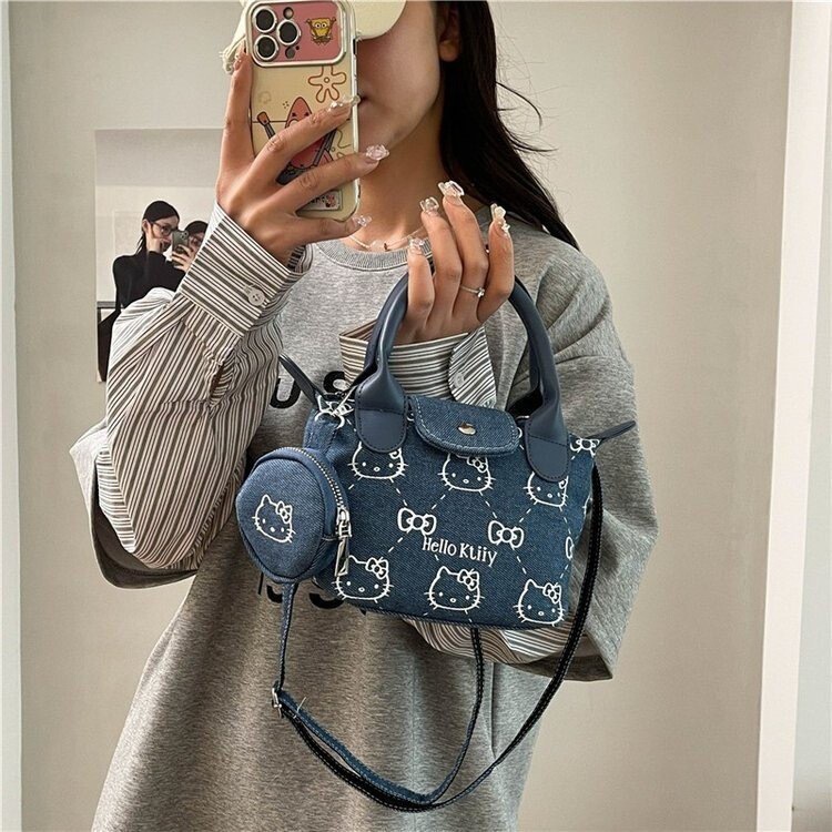 2025 New Spring Cute Denim Print Kt Cat Handbag Women's Fashion Shoulder Messenger Bag Mini Dumpling Bag