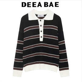 DEEABAE 冬季新品 女装 速卖通外贸复古条纹宽松慵懒风针织衫毛衫