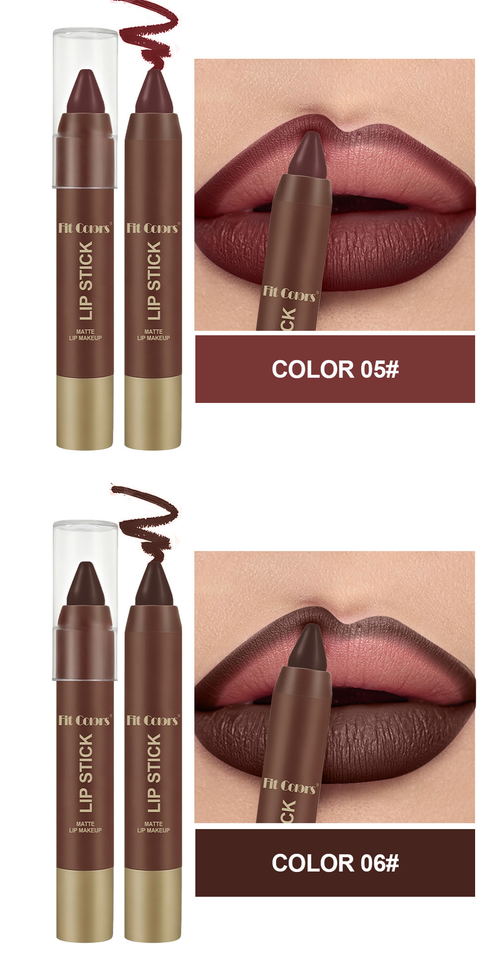 Sett med 6 matte sjokolade-leppestifter med lipliner_voghion.com