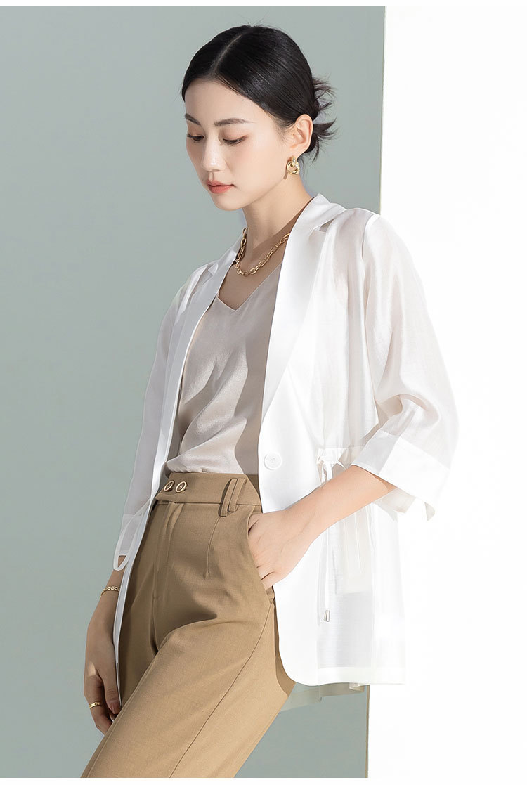 Áo khoác blazer nữ cổ lật dây rút chất liệu Leisel mỏng nhẹ mùa hè — Màu trắng chi tiết 13