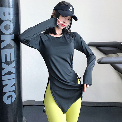 Spring and Autumn sports long-sleeved hip-covering slit quick-drying blouse, loose slimming running yoga clothing top Internet celebrity style