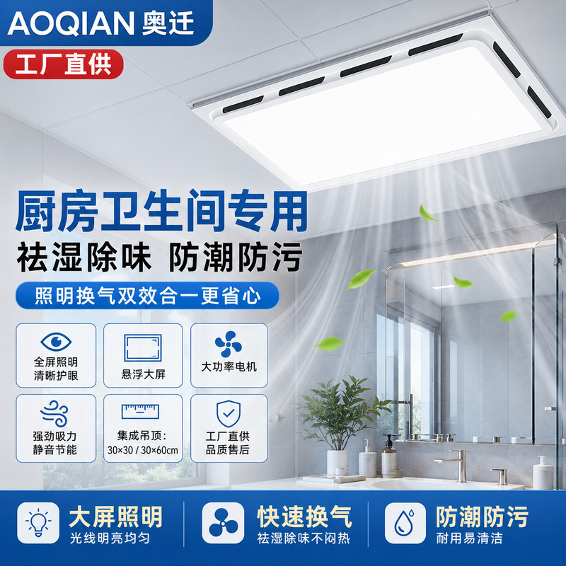 Integrated Ceiling Ventilation Fan with Lighting, Two-In-One Exhaust Fan for Kitchen and Bathroom with Led Light, Silent Exhaust Fan Integrated Ceiling Ventilation Fan with Lighting, Two-In-One Exhaust Fan for Kitchen and Bathroom with Led Light, Silent Exhaust Fan