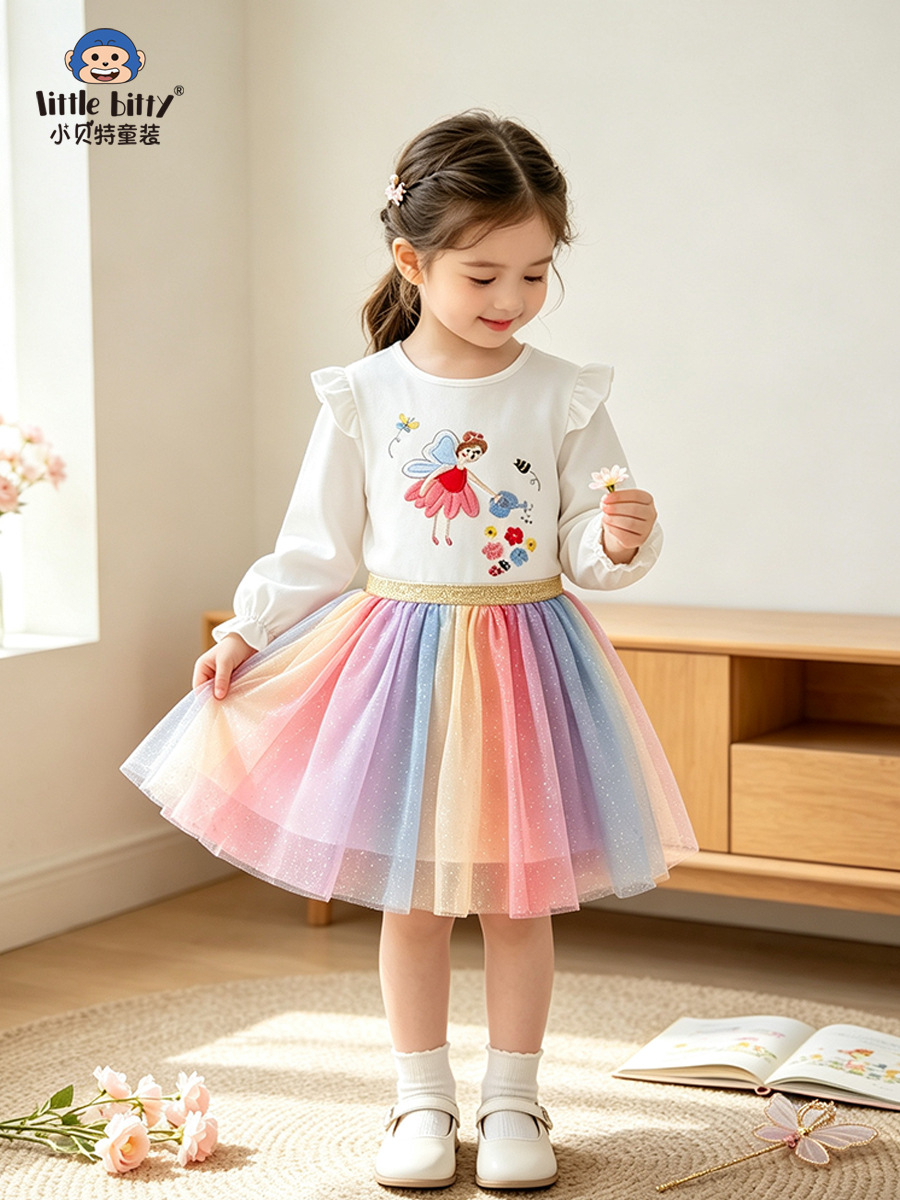 Cross-border supply: 2026 girls' autumn and winter outfit, elf-style floral embroidered top and mesh skirt two-piece set