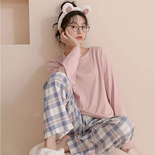 Cross-border Foreign Trade Korean Round Neck Simple Pajamas Women's Cartoon Sweet Long Sleeve Trousers Home Clothes suit pajamas