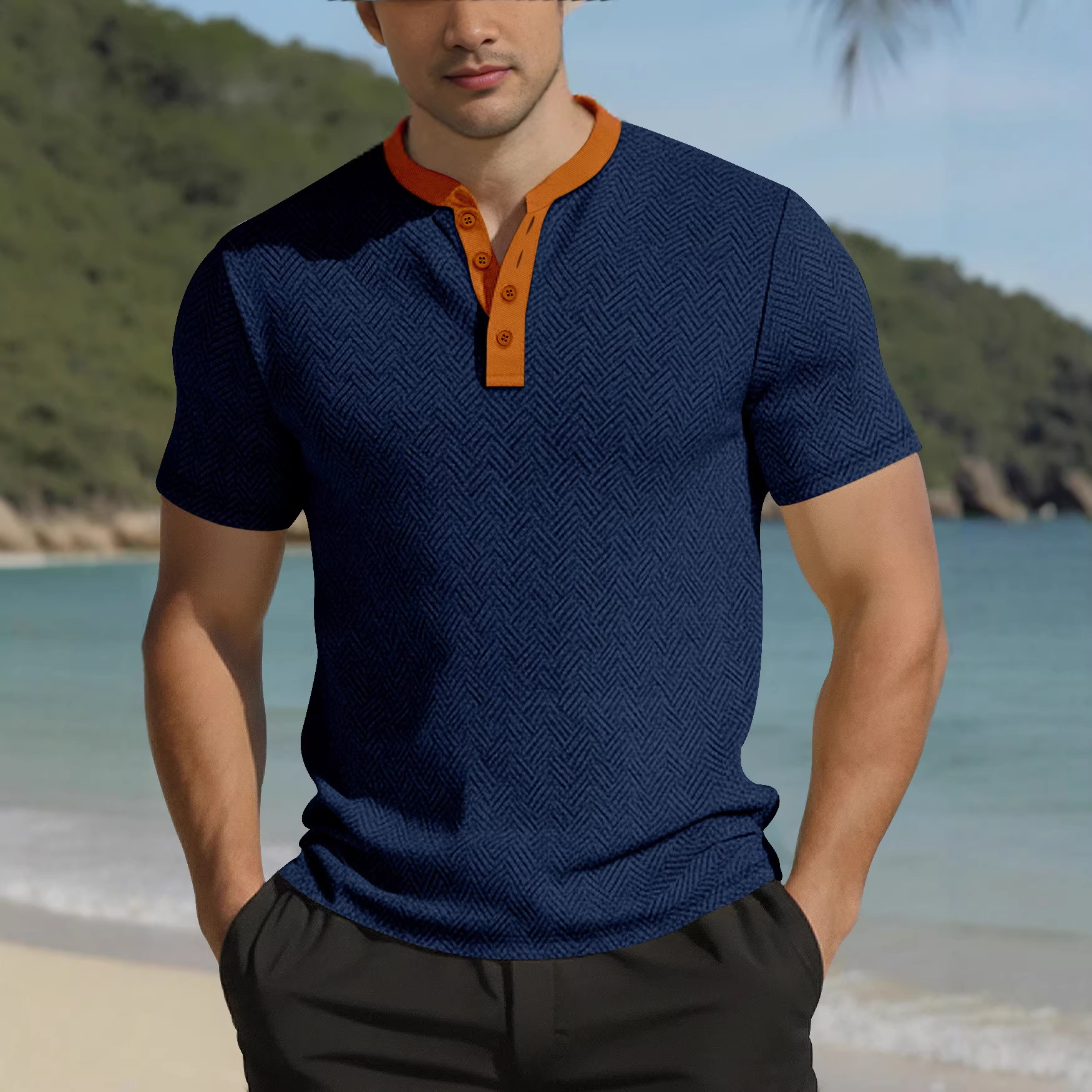 Nuevo transfronterizo de Europa y América Amazon verano hombre botón de cuello redondo color de manga corta hombre camiseta de hombre delgada
