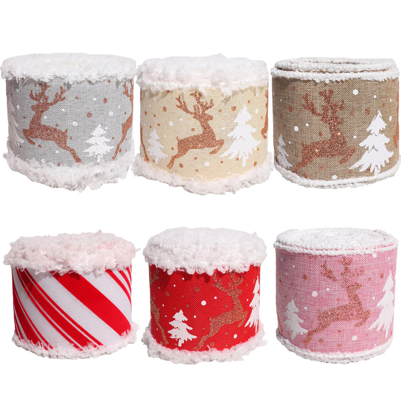 クロスボーダー新しいクリスマスベルベットエッジ模造リネンリボンクリスマスツリー DIY 装飾ホットスタンピングヘラジカリボンリボンギフト|undefined