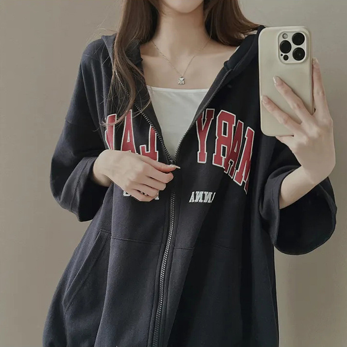 Short-sleeved Cardigan Niche Design Top Grey Sweater Women's 2023 Spring and Summer Korean Sports Loose Hoodie Zipper