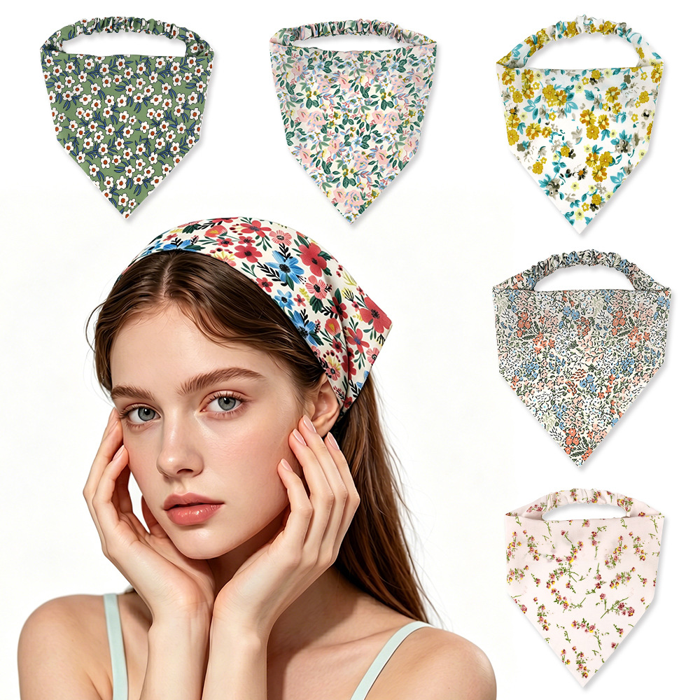 European and American Retro Daisy Floral Triangle Headscarf Chiffon Elastic Headband Versatile Hair Accessory Wholesale