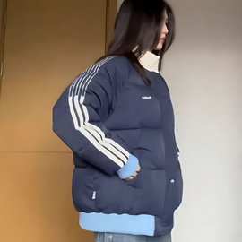 加厚棉衣棉服女秋冬2023显瘦棉外套嘻哈美式宽松运动条纹撞色棉服