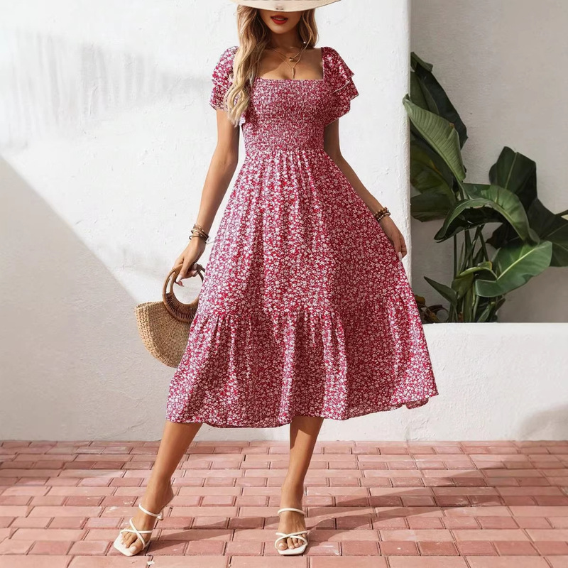 2025 Europe and the United States new cross-border wish Amazon explosions square collar bubble sleeve floral dress dress 2025 Europe and the United States new cross-border wish Amazon explosions square collar bubble sleeve floral dress dress