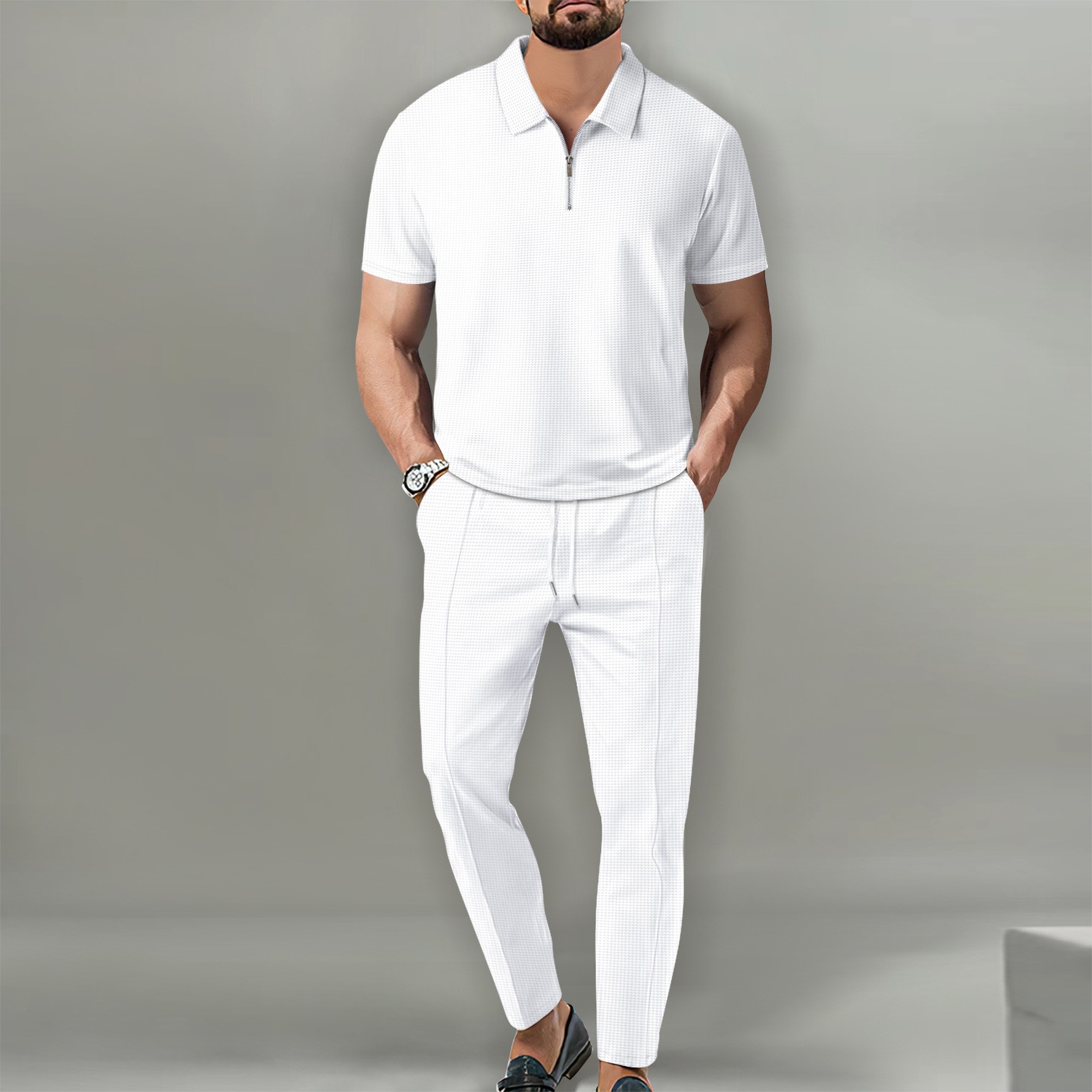 Completo uomo polo e pantaloncini in maglia waffel moda_voghion.com