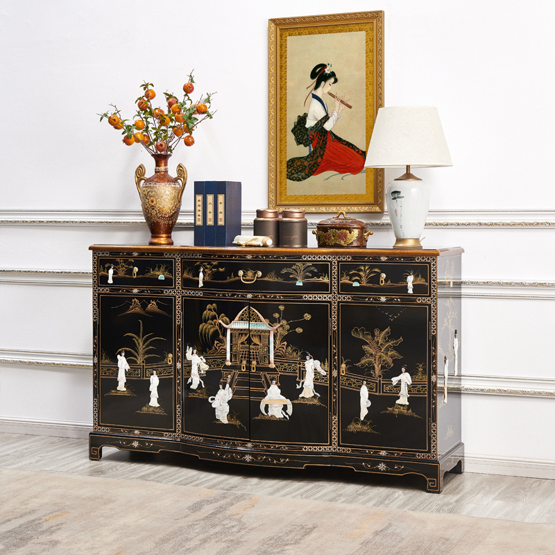 Supreme Beauty Natural Shell Piano Lacquer Sideboard with Three Drawers and Four Doors, Gold Foil Entryway Cabinet, Storage Wholesale