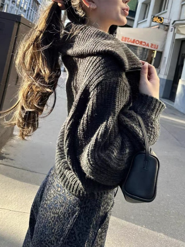 深灰粗棒针立领毛衣开衫上衣外套女秋冬 超厚实一件|undefined