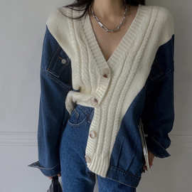 韩国ins清新气质高级感针织毛衣拼接牛仔长袖开衫百搭显瘦上衣冬