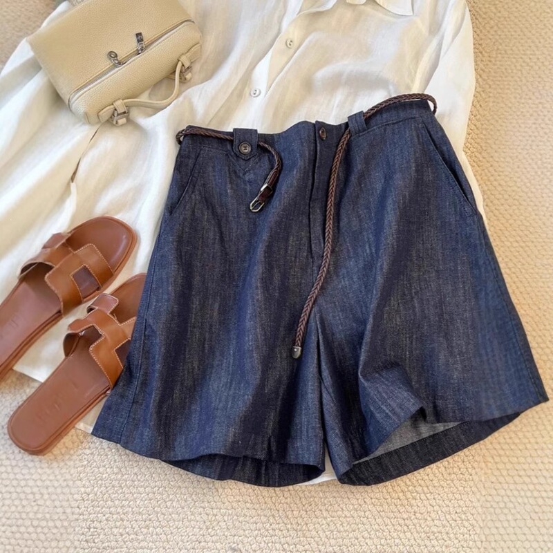Magic Pants, a Feeling That Will Make You Addicted!!! Deep Blue Linen Denim Shorts for Women, High-Waisted, Slightly Wide-Leg, Cotton-Linen Shorts Magic Pants, a Feeling That Will Make You Addicted!!! Deep Blue Linen Denim Shorts for Women, High-Waisted, Slightly Wide-Leg, Cotton-Linen Shorts