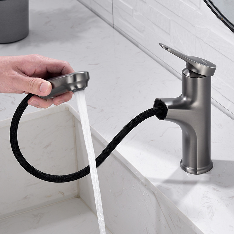 Wholesale gunmetal faucet pull-down basin faucet hot and cold dual-function faucet black faucet pull-out type