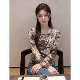 清冷中式风景水墨画长袖T恤女夏季薄款冰感网纱显瘦遮阳小衫上衣