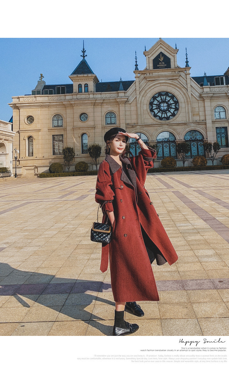 Women's Long Woolen Coat Brick Red Hepburn Style Winter Overcoat_voghion.com